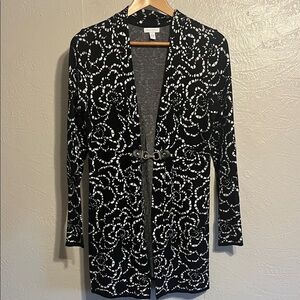 Charter Club 100% Cotton Black and White Patterned Cardigan with Buckle Medium